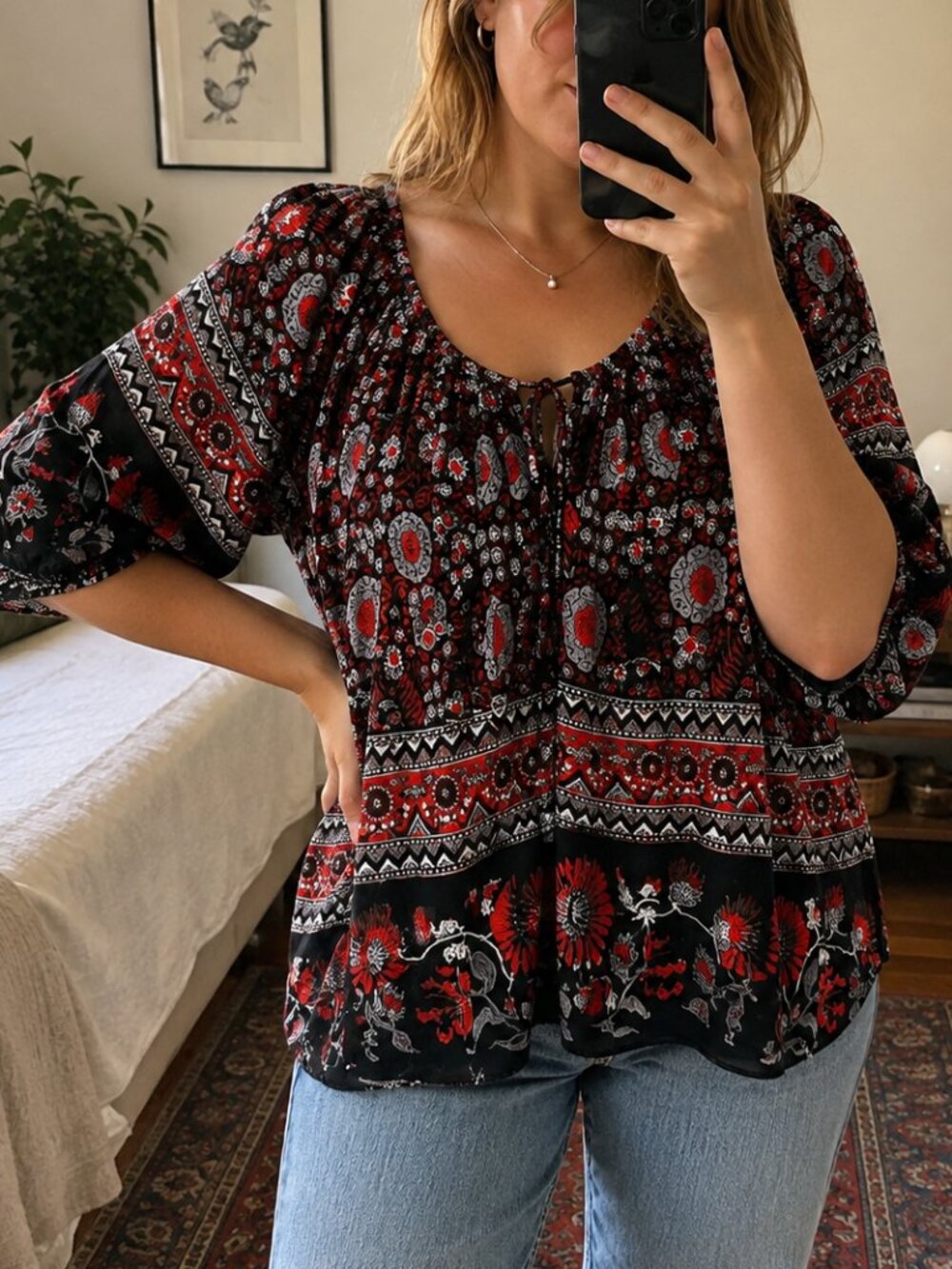 Joie Nancy Blouse S Black Red Floral Cotton Voile Balloon Sleeve Boho Peasant